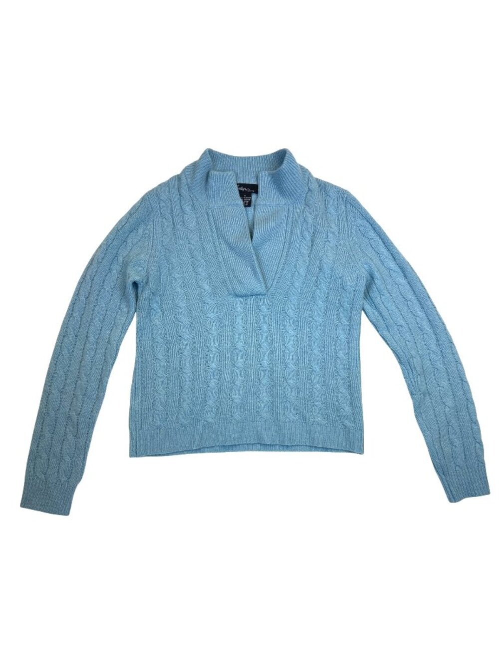 Evelyn 100% Cashmere Sweater Women's S Light Blue Cable Knit Shawl Neck Cozy